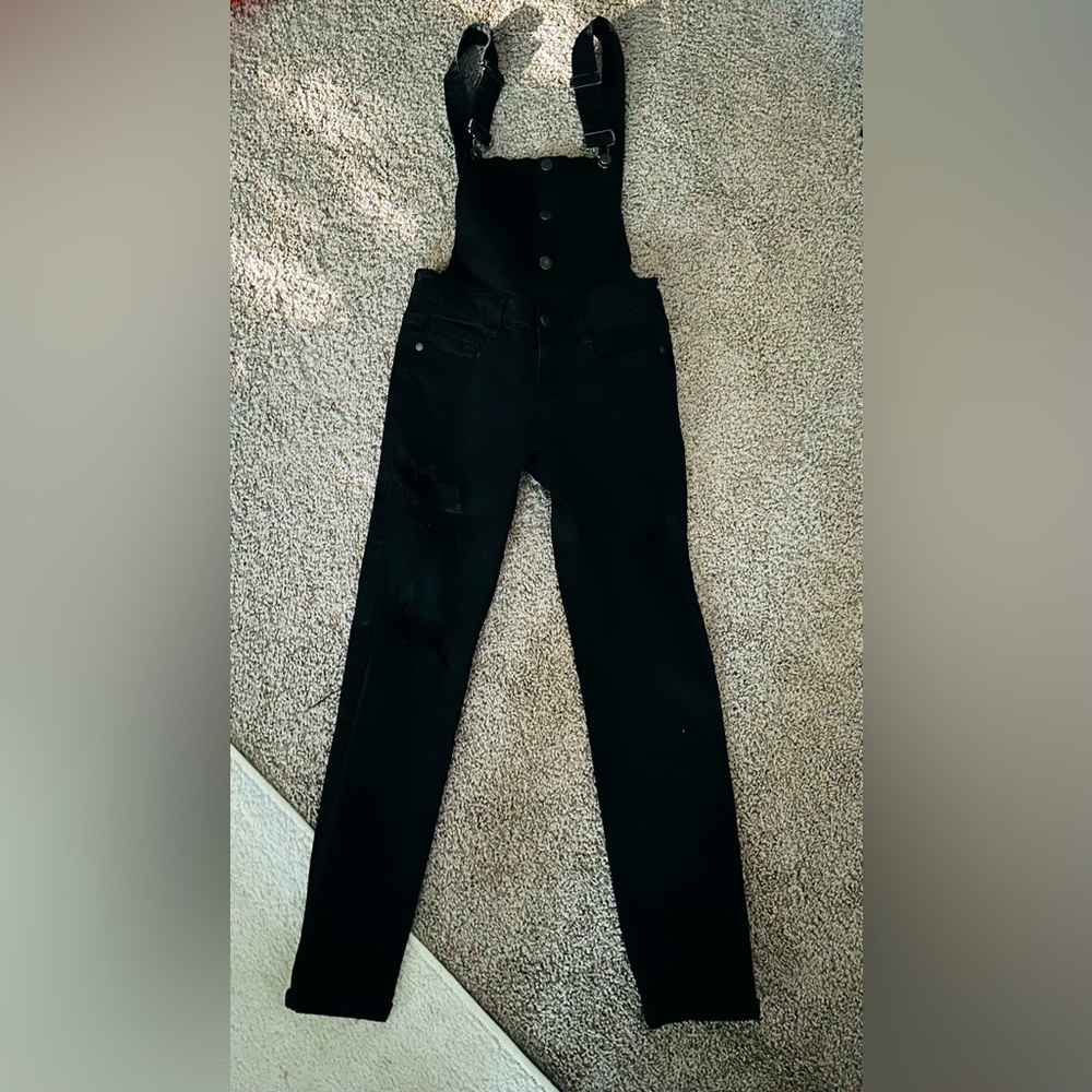 Machine distressed black jean overalls